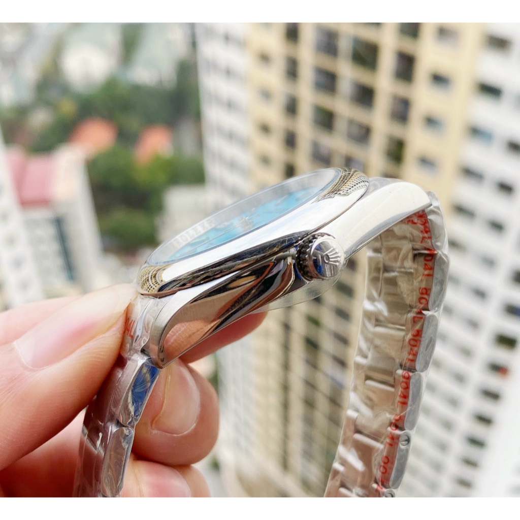 Đồng hồ Nam Rl 3kim mặt xanh biển vành trơn vỏ trắng máy nhật dòng Automatic size 40mm dây kim loại