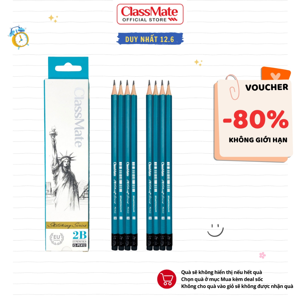 Combo 1 Hộp Bút Chì Gỗ Có Tẩy 2B CLASSMATE Nét Bút Mịn Chì Mềm, Dùng Cho Bé Tập Viết CL-PC412