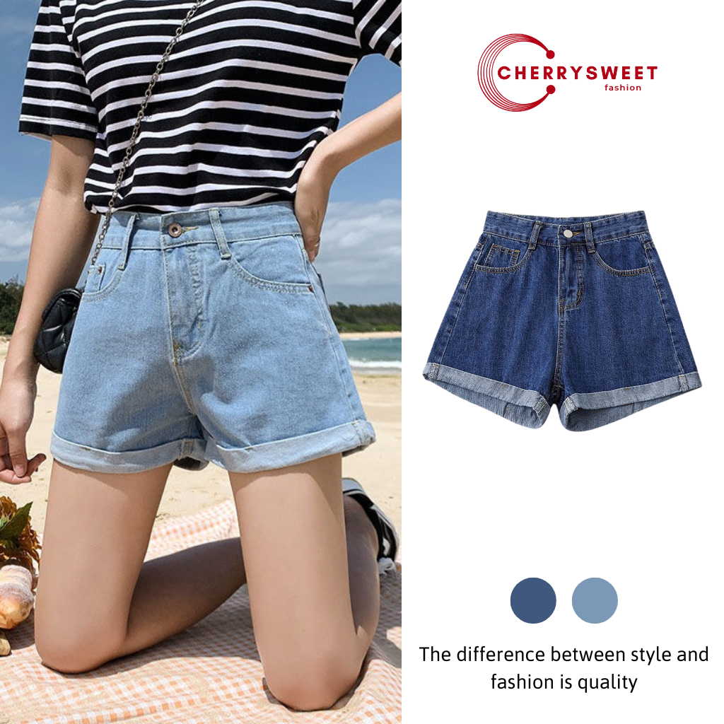 Quần short jean nữ CHERRYSWEET lưng cao tôn dáng ống rộng gấp gấu, chất bò mềm mịn phong cách Hàn Quốc T042
