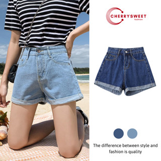 Quần short jean nữ CHERRYSWEET lưng cao tôn dáng ống rộng gấp gấu, quần short bò nữ mềm mịn T042