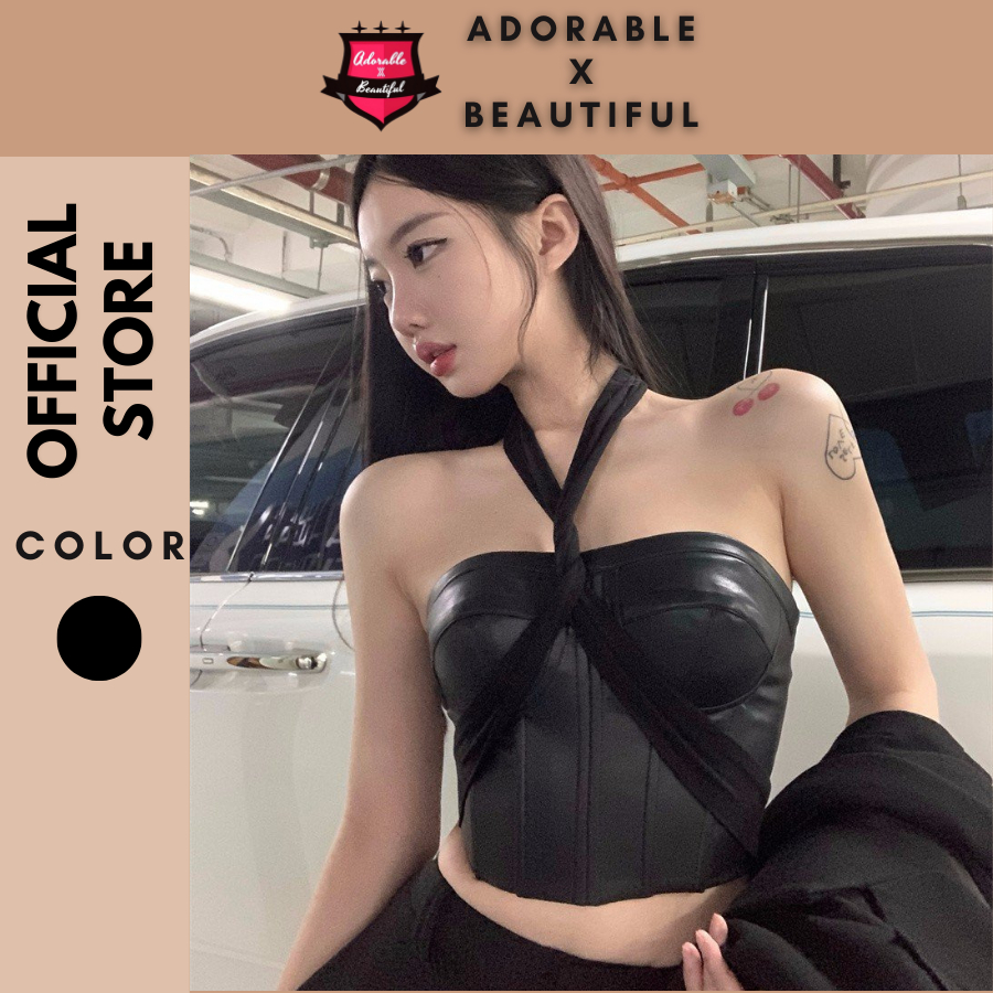 Áo Ống Da Đen PU Cúp Ngực Kèm Dây Thắt, Áo Quây Ôm Trơn Đen Sang Trọng Hot Trend Ulzzang [AdorablexBeautiful]