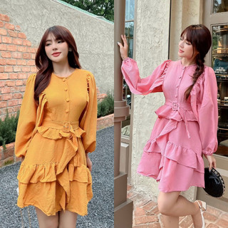 Đầm xốp hồng vàng tay dài phồng, váy ngắn tầng bèo xoè nhẹ, thời trang nữ tiểu thư đi chơi dạo phố