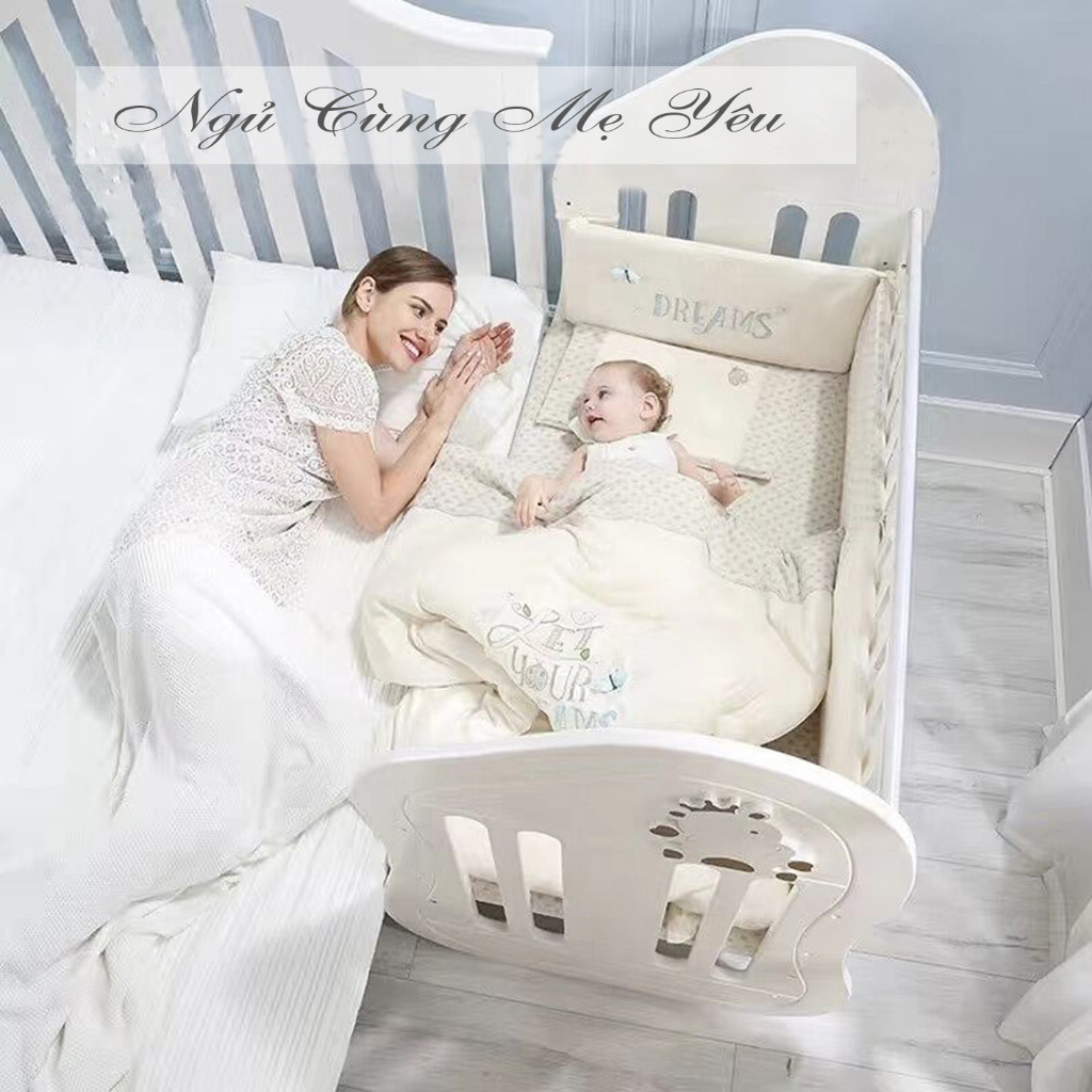 Cũi gỗ Manky Kids 3in1,  giường ngủ và bàn học cho bé khi lớn. TẶNG KÈM MÀN