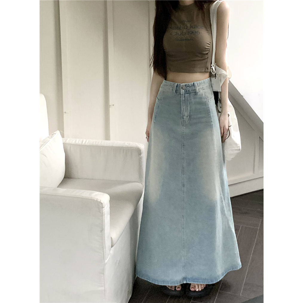 Chân váy jean dài chữ A rộng xanh nhạt wax bạc retro