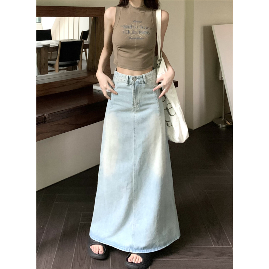 Chân váy jean dài chữ A rộng xanh nhạt wax bạc retro