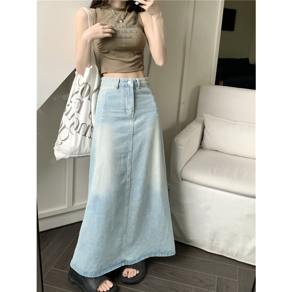 Chân váy jean dài chữ A rộng xanh nhạt wax bạc retro