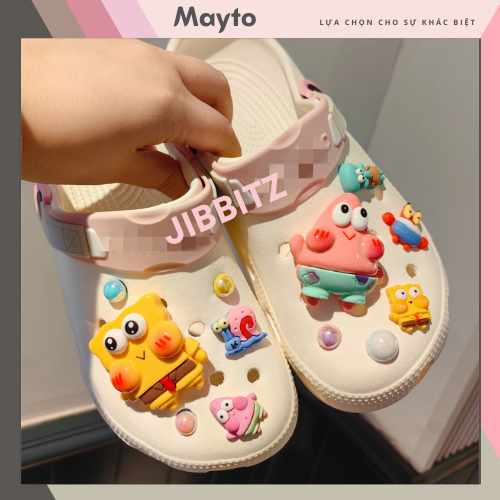 Bộ 12 Jibbitz, Sticker, Charm 3D chủ đề bọt biển tinh nghịch DIY nhựa cứng gắn Dép Crocs, Cross, Dép Sục, Cá Sấu MayTo