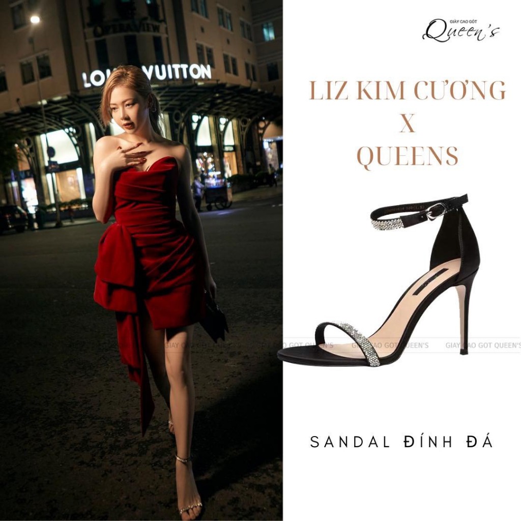 Giày Cao Gót Nữ Sandal Đen Đính Đá Cao Cấp QUEENS STORE sang thanh mảnh tôn da cao 8-10-11cm