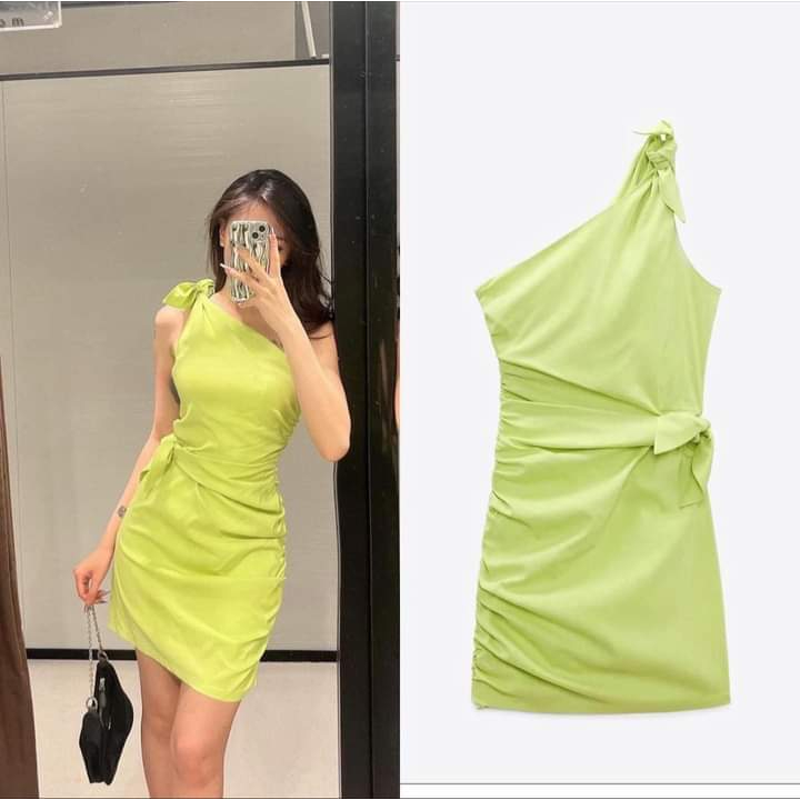 Đầm Zara xuất xịn lệch vai phối thắt eo mùa hè