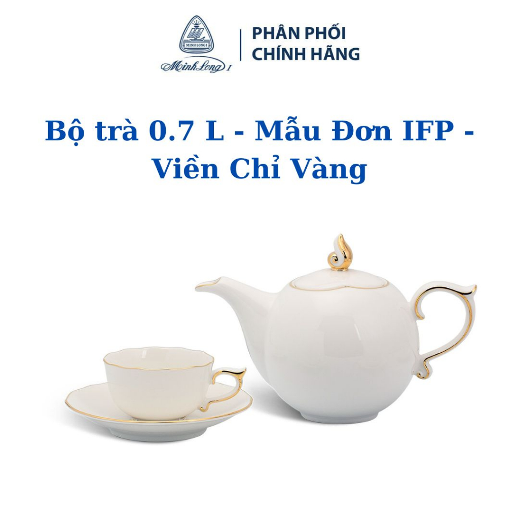 Bộ ấm trà Minh Long 0.7 L Mẫu Đơn IFP viền chỉ vàng bằng sứ đẹp cao cấp, sang trọng đãi khách, họa tiết cổ điển quà tặn