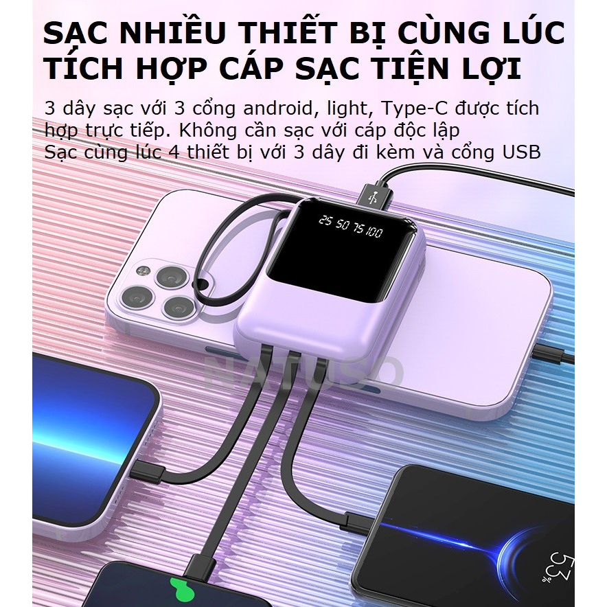 Sạc dự phòng pin 10000mAh 20000mAh XY68 dung lượng lớn tích hợp dây sạc nhanh cho nhiều thiết bị điện thoại