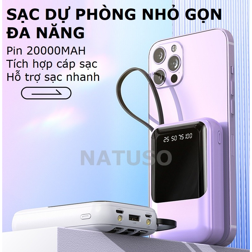 Sạc dự phòng pin 10000mAh 20000mAh XY68 dung lượng lớn tích hợp dây sạc nhanh cho nhiều thiết bị điện thoại