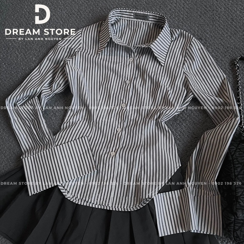 Set áo sơmi tay dài sọc kèm váy xếp ly - Bộ áo sơmi sọc tay dài phối chân váy