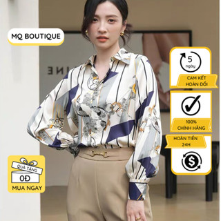 Áo sơ mi nữ lụa dài tay cao cấp công sở họa tiết lá ô chéo vàng xanh nền trắng sữa , áo sơ mi thiết kế MQ Boutique