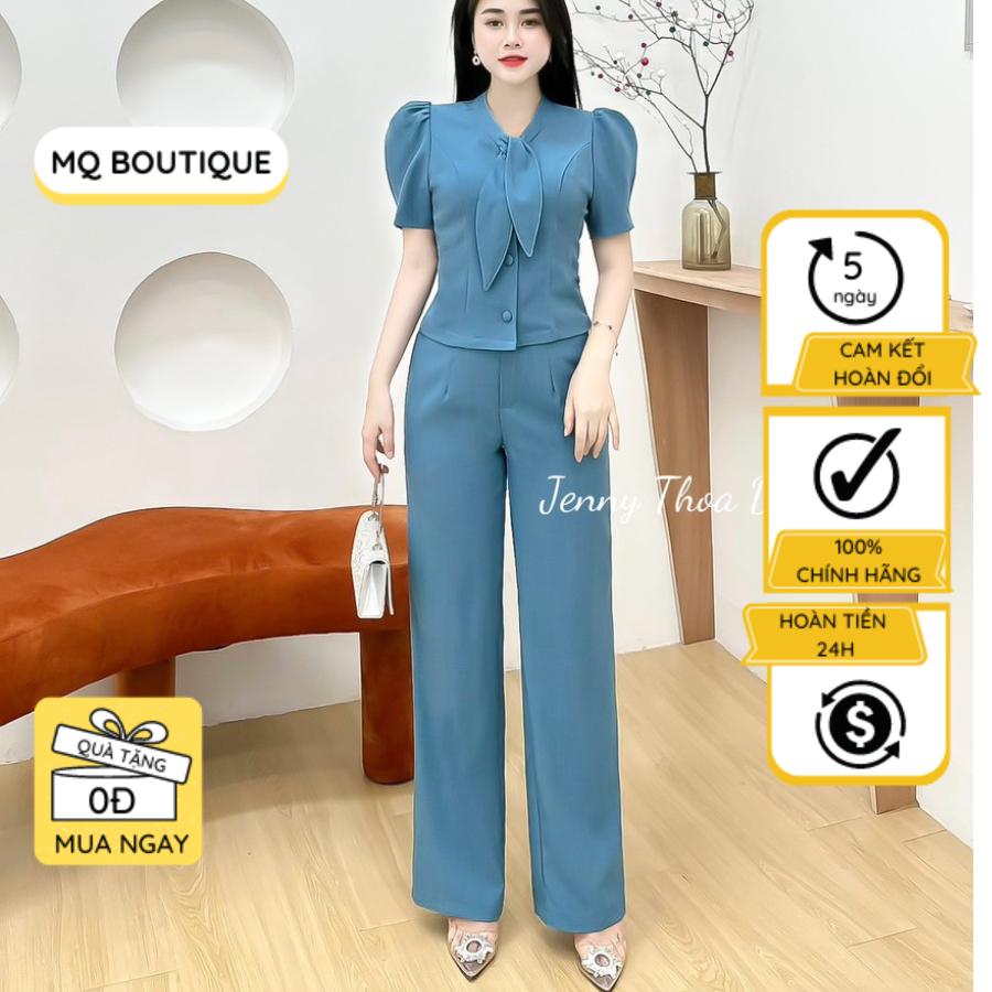 Sét Cộc Bộ Kiểu Nữ Áo Tay Bồng Cổ Nơ Quần Dài Tây Thiết Kế Sang Chảnh Cao Cấp, Bộ Thiết Kế MQ Boutique