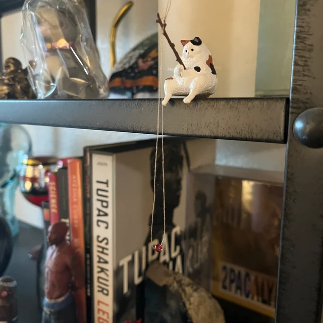 Tượng mèo câu cá, Ngư dân mèo câu cá, trang trí bể cá, giá sách, mô hình decor dễ thương