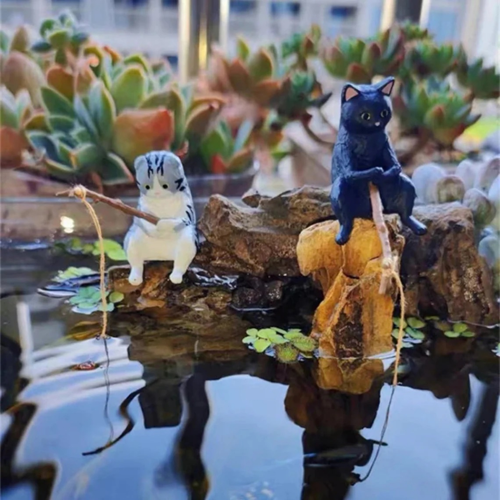 Tượng mèo câu cá, Ngư dân mèo câu cá, trang trí bể cá, giá sách, mô hình decor dễ thương