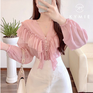 Áo sơ mi tơ bèo ngực hoa đào A1675 Kymie