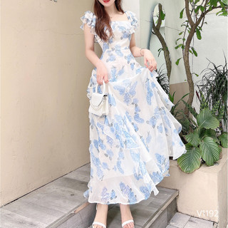 Đầm váy maxi trễ vai bèo nhún họa tiết Hạc cổ điển tiểu thư V1192 KYMIE