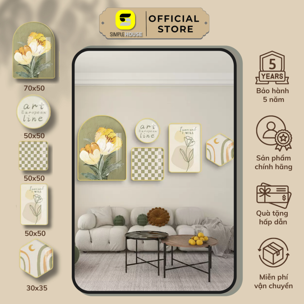 Tranh Treo Tường Gương Mix Match Kết Hợp Bộ 5, Decor Trang Trí Phòng Khách, Làm Quà Tặng - Simple House
