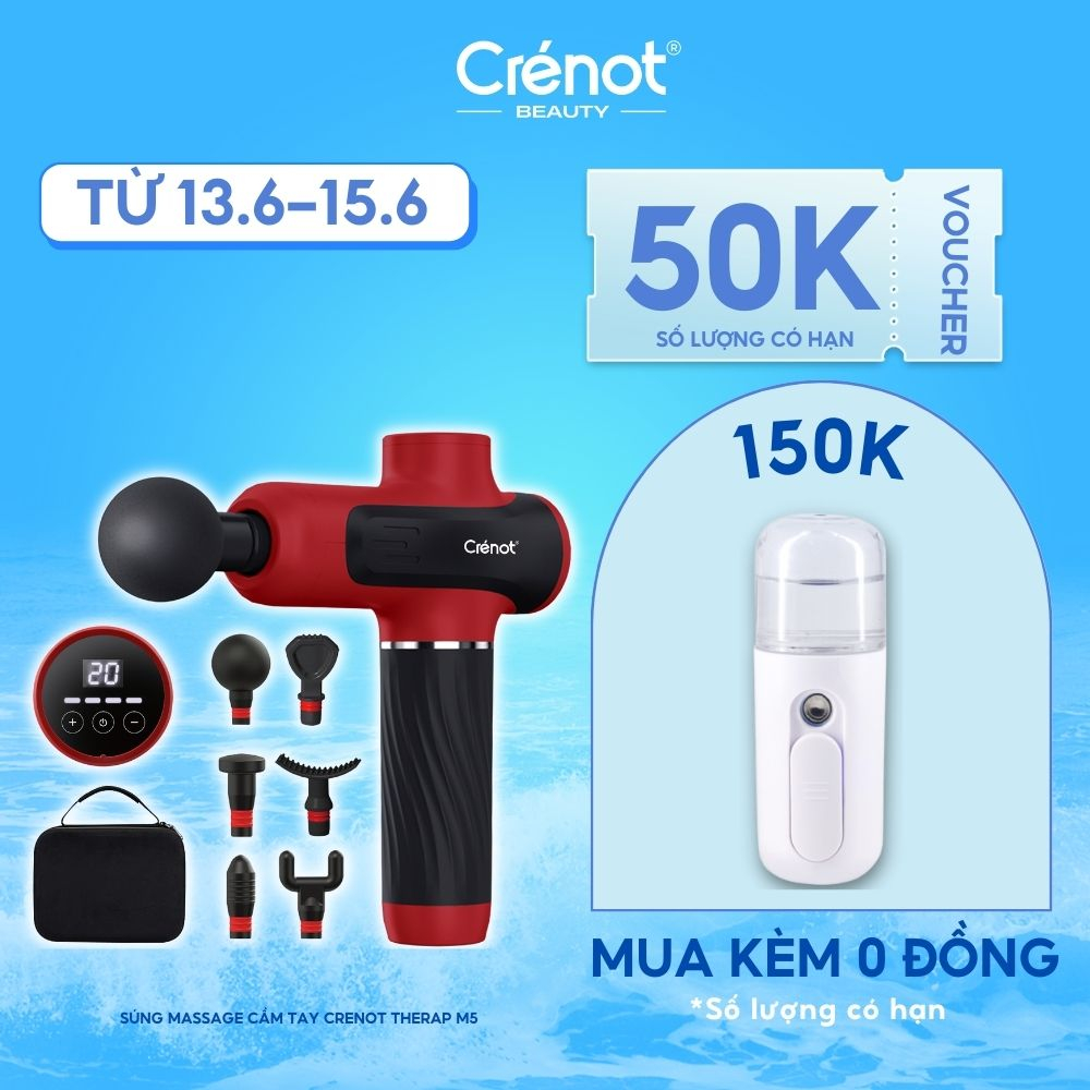 Súng massage cầm tay Crenot Therap M5 máy matxa thư giãn giảm đau nhức toàn thân với 6 đầu mát xa cao cấp và 20 cấp độ