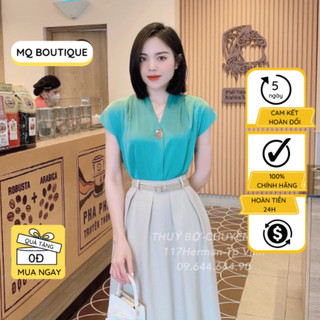 Áo lụa cộc tay rúm vai cổ V nhiều màu trơn công sở thiết kế cao cấp, áo sơ mi thiết kế MQ Boutique