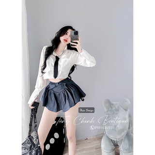 Set váy học sinh chân váy đính nơ mix áo sơ mi kèm cà vạt