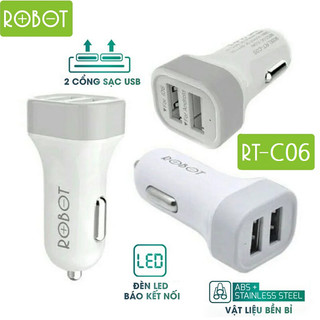 Cốc Sạc Nhanh Xe Ô Tô 2 Cổng USB 5V/2.4A ROBOT RT-C06 có đèn LED hỗ trợ và IC thông kinh chống quá dòng điện CHÍNH HÃNG