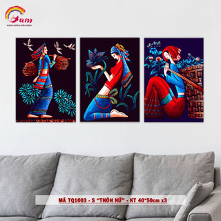 Bộ tranh treo tường sơn dầu số hoá tự vẽ Mã TQ1003S Thôn nữ