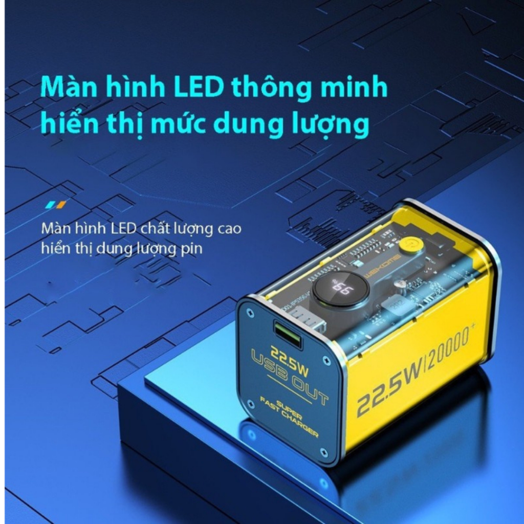 Sạc dự phòng sạc nhanh WP-343 trong suốt, Pin dự phòng 20000mAh sạc nhanh 22,5W, có đầu ra Type C ( BH 3th , Chuẩn EU)