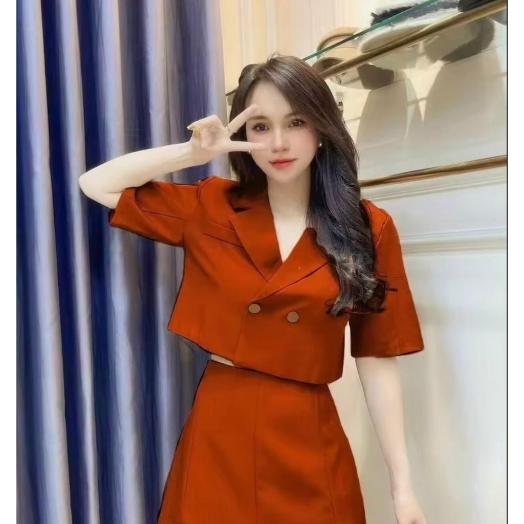 Sét bộ áo cổ vét croptop kèm chân váy có túi ,có lót quần bảo hộ Blazer phong cách thời trang cao cấp