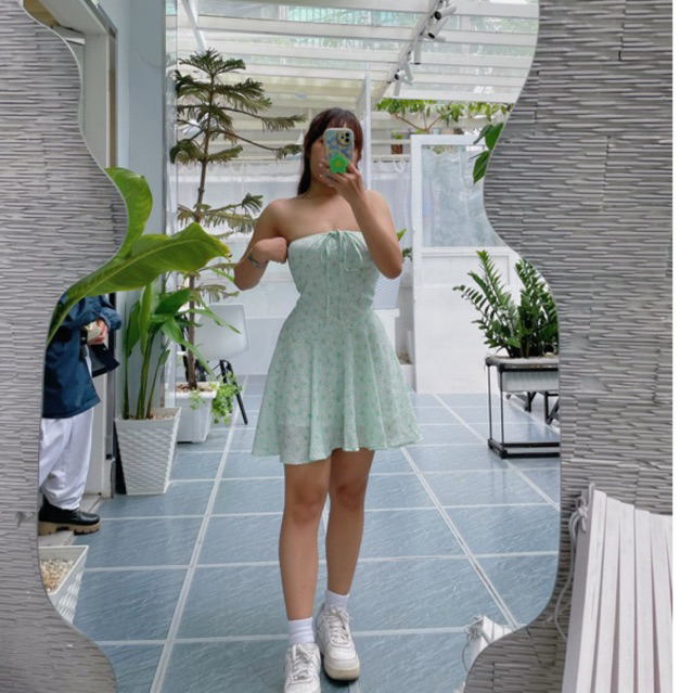 Váy chữ A xoè màu xanh mint hoa nhí đi biển Jminstu