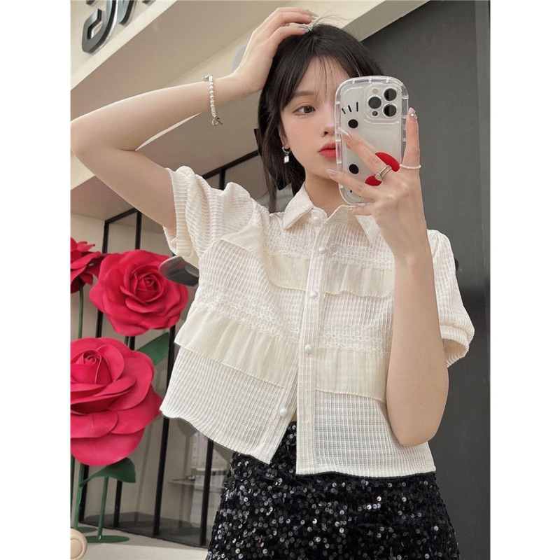 Áo kiểu dáng ngắn sang chảnh voan phối 2 tầng