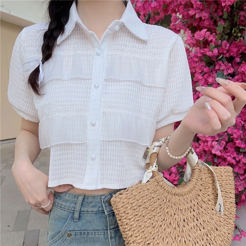 Áo kiểu dáng ngắn sang chảnh voan phối 2 tầng