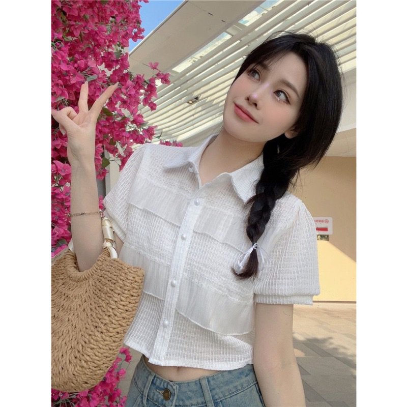 Áo kiểu dáng ngắn sang chảnh voan phối 2 tầng