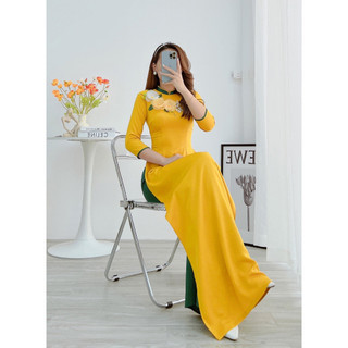 Áo dài, áo dài nữ lụa tây thi cách điệu đính hoa nổi MÃ TK48