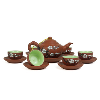 Bộ ấm chén uống trà Gốm Sứ Bát Tràng Linh Khang đất tử sa họa tiết hoa đào vẽ tay cao cấp