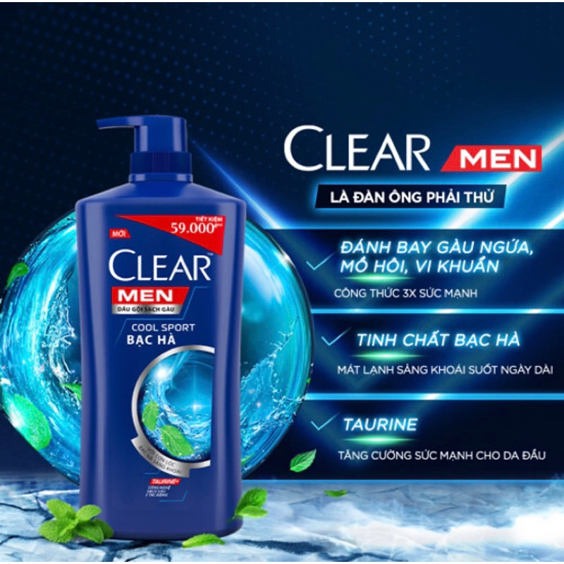 Dầu Gội Đầu Clear Men Cool Sport Bạc Hà 900g