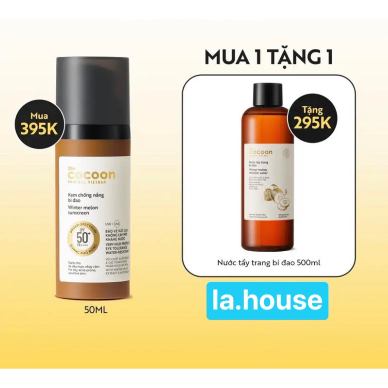 COCOON Mua 1 KCN tặng 1 NTT - Kem chống nắng bí đao quang phổ rộng thuần chay SPF50+PA++++ 50ml