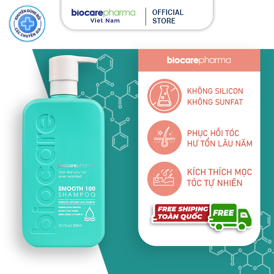 Dầu gội siêu phục hồi khô xơ và ngăn ngừa rụng tóc Smooth 100 shampoo - Không silicon, sunfat - Biocarepharma - 300ml.