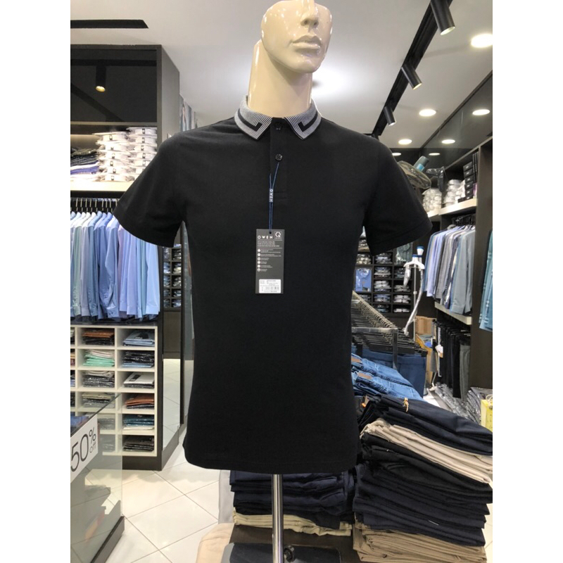 Áo polo owen màu đen body fit vải cotton APV231344