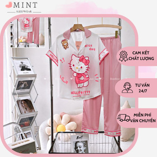 Đồ bộ mặc nhà pijama lụa latin thiết kế tay ngắn quần dài freesize 40 - 62 kg