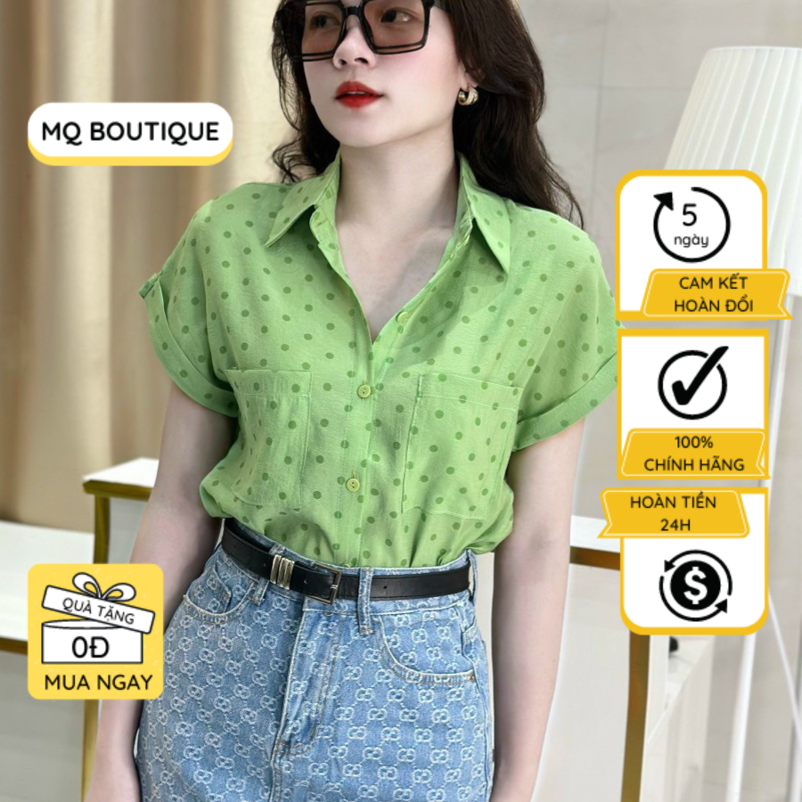 Áo cộc tay chấm bi có túi dáng suông tay cánh dơi vải cao cấp công sở nữ họa tiết , áo sơ mi thiết kế MQ Boutique
