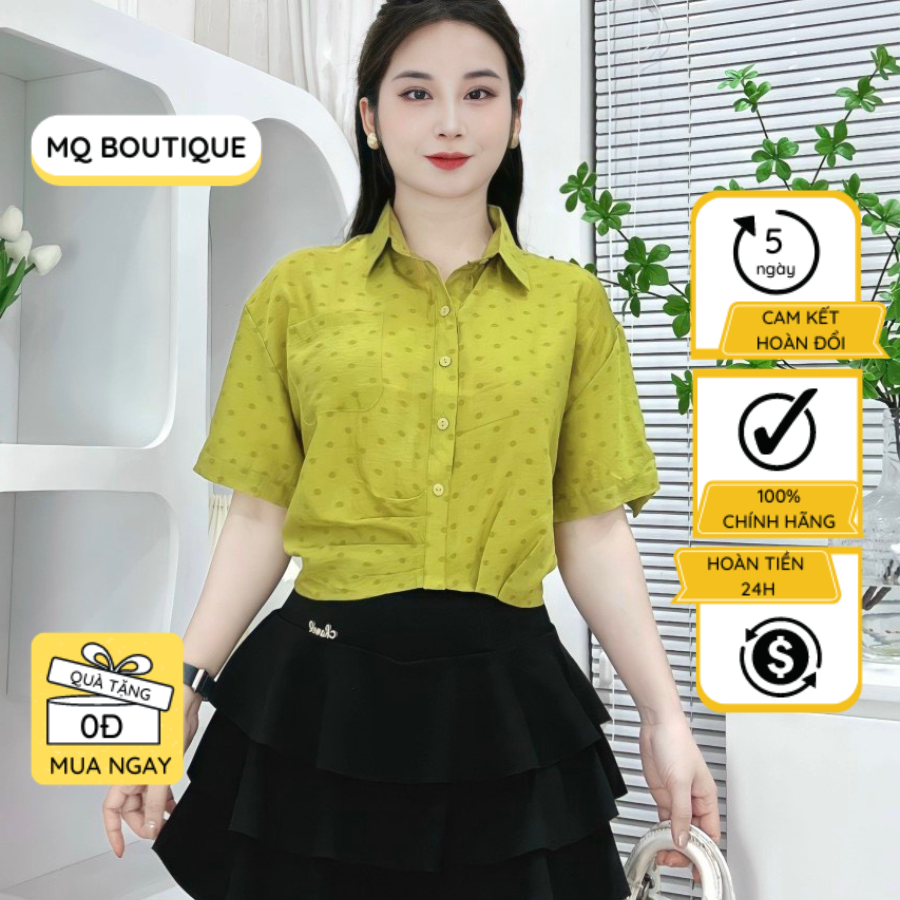 Áo cộc tay sơ mi nữ tơ dáng ngắn xếp ly gấu nhiều màu chấm bi cao cấp công sở, áo sơ mi thiết kế MQ Boutique