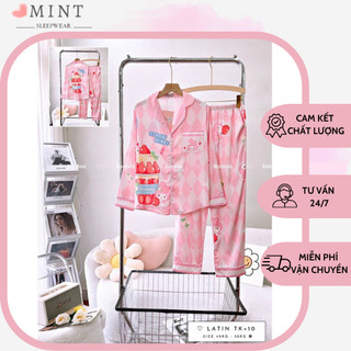 Đồ bộ pijama lụa latin thiết kế tay dài quần dài freesize 40 - 62 kg