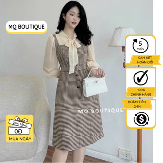 Váy dạ text công sở nữ dáng A ziczac phối voan, buộc nơ cổ có đai thiết kế MQ Boutique cao cấ