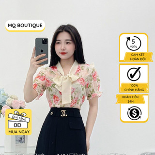 Áo sơ mi nữ tơ lụa tay bồng cao cấp công sở hoa vàng họa tiết phối bèo cổ nơ,áo sơ mi họa tiết thiết kế MQ Boutique