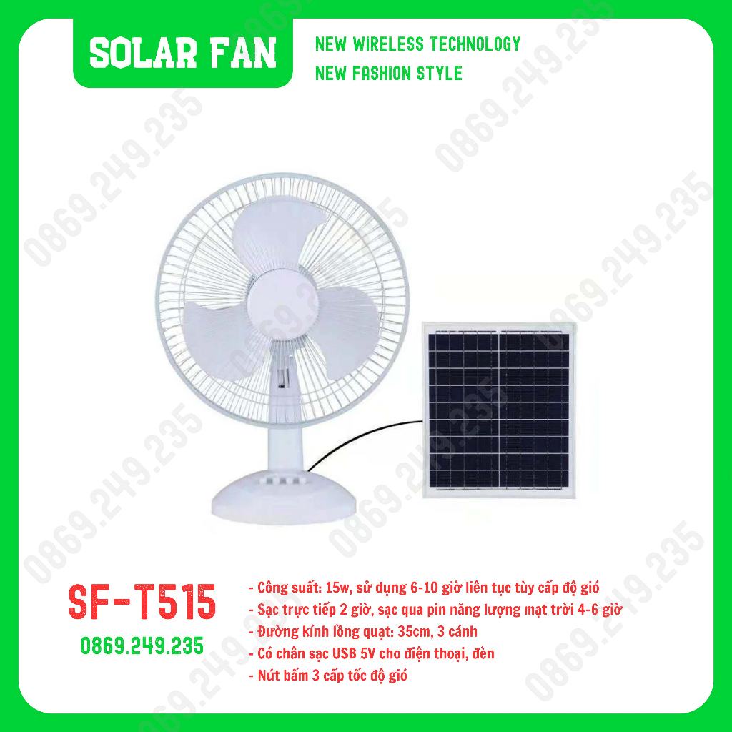 [New 2023] Quạt tích điện năng lượng mặt trời Solar Fan để bàn SF-T515 - Sạc nhanh 2h, sử dụng 6-10h