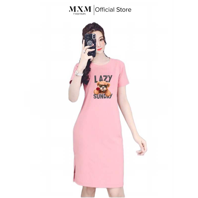 Đầm thun nữ form suông MXM xẻ tà in hình Gấu Lazy Sunday mã D180