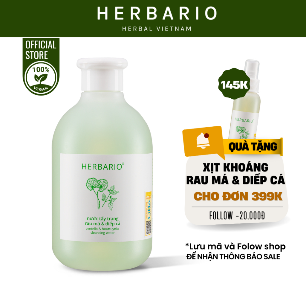 Nước tẩy trang rau má & diếp cá Herbario 300ml loại bỏ bụi bẩn và lớp trang điểm - Herbario Thuần Chay